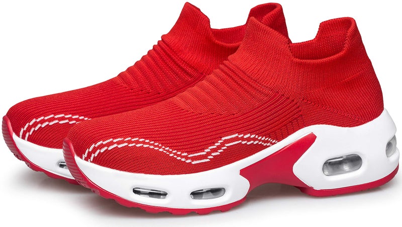 DOUSSPRT Womens Walking Shoes Slip on Sock Sneakers Lady Girls Nurse Mesh Air Cushion Platform Loafers Fashion Casual Running Red US Size 8.5 - Image 4
